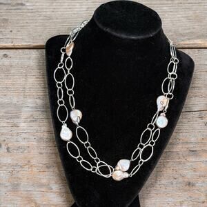 Natural Freshwater Pink Coin Pearl Station 925 Silver Plated Necklace 40 Inches